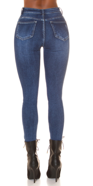 Geribde hoge taille skinny jeans donker denim-spijkerstof blauw
